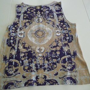 ITALIAN PIMA COTTON SLEEVELESS TAN NAVY WHITE ORIENTAL PRINT  TANK TOP S…